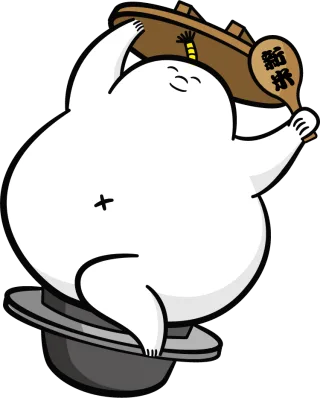 新米のしゃもじを持って、釜のふたを開けて出てくるお米のキャラクター