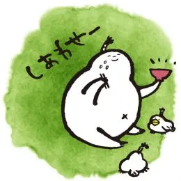 満腹で寝ころび、お椀を掲げるお米のキャラクター。「しあわせー」の文字